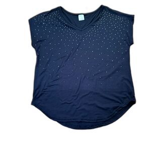 Linda Michael Black Rhinestone V-Neck Top Women’s Large Studded Blouse